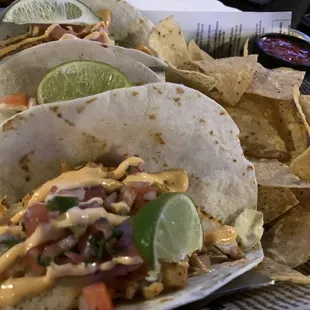 Baja Fish Tacos with chips and salsa