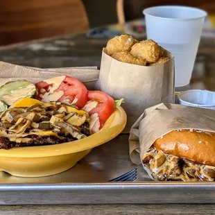 Burger Bowl, Tater Tots, Johnny Boi burger