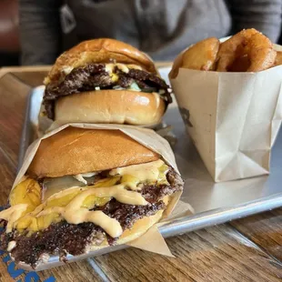 Fat Boi (double patty), Johnny Boi (single patty), Onion Rings