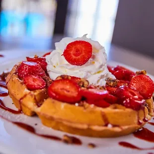 Johnny B&apos;s Strawberry Waffle served Sat &amp; Sun, 9:30 am - 1 pm.