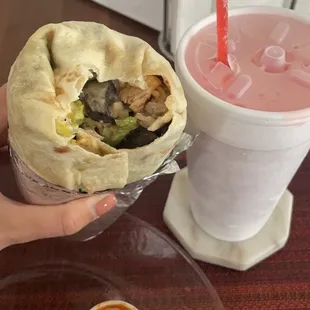 Firecracker chicken burrito with Diablo sauce and a "house red" slush