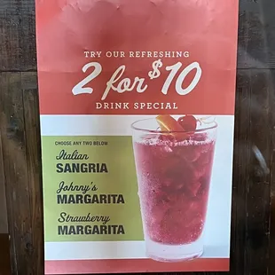 a sign for the 2 hour drink special