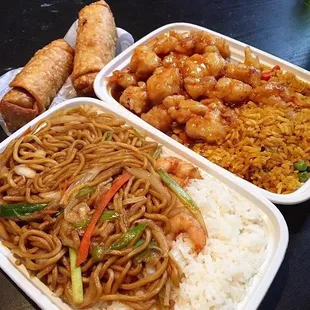 Shrimp lo mein and General tso chicken dinner special