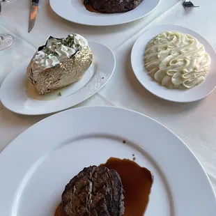 Filet, RibEye, baked potato and mashed potatoes.