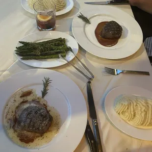 Filets (truffle butter on the front cut), mashed potatoes, asparagus - all amazing!
