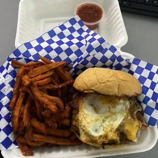 Breakfast Burger and sweet potato fries