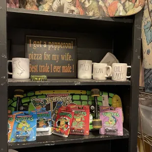 a shelf full of items