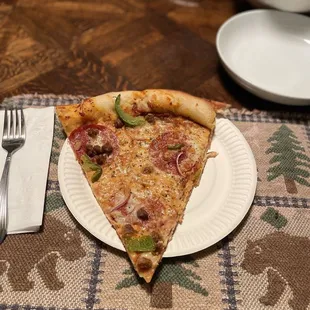 a slice of pizza on a paper plate