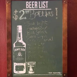 Beer List ($2.50 Bottles All Day Every Day)