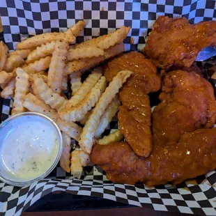 Chicken fingers with the hot sauce and ranch
