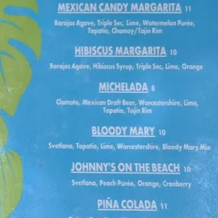 Menu of cocktails