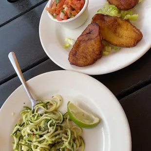 Vegetable of the day (zucchini noodles with lemon garlic sauce), Caribbean fries with pico de gallo