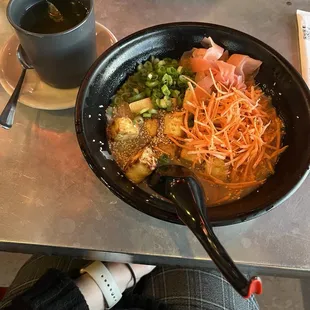 celiac safe ramen. dorm room ramen and just add what I like to it (I.e., tofu, scallions, sesame seeds, pickled ginger, carrot).