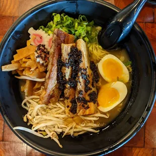A lovely combination of flavors and textures. Tender noodles, jammy eggs, crunchy shoots, tender pork.