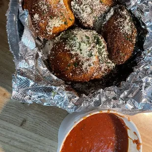 Ravioli with marinara for dipping.