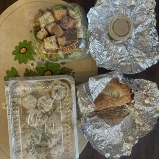 Seafood Alfredo w Side Caesar Salad and side garlic bread