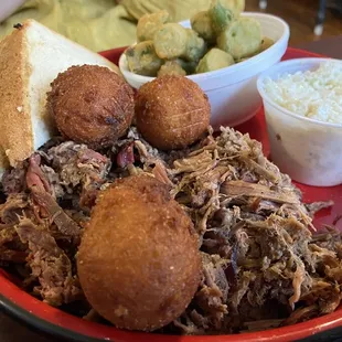 Chopped brisket, Hushpuppies, slaw, fried okra and Texas toast