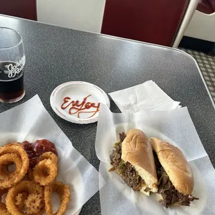 Cheesesteak, onions rings &amp; a root beer  float