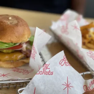 a hamburger and french fries