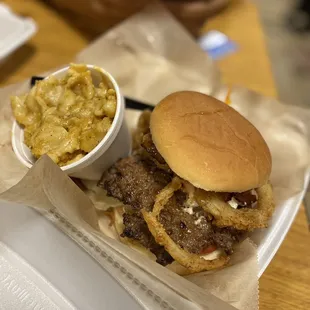 a hamburger and macaroni and cheese