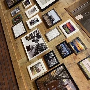a display of framed photographs