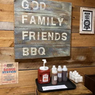a sign that says god family friends bbq