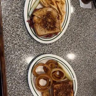 Reuben and tuna melt onion rings and fries