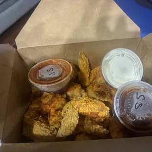 Wings and two types of sauce.  Spicy isn't really hot