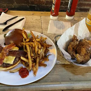 Bacon cheese burger and chicken strips