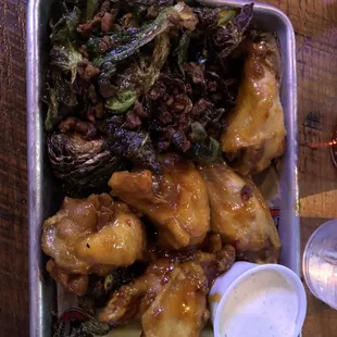 Sweet Chili bone in wings with Brussels