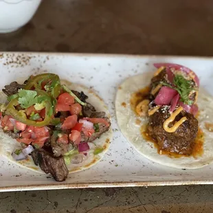 CARNE ASADA TACO (left) ALBONDIGAS TACO (right)