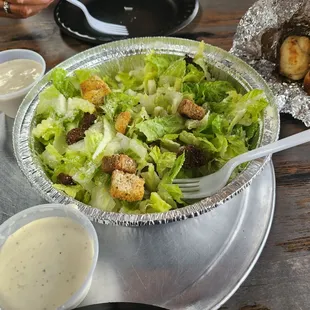 Ok, fresh. Chopped too small. Hard to pick up with the fork. Cesar and ranch dressing are okay. Consistency is a little watery.