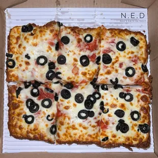 Square Pizza with Black Olives