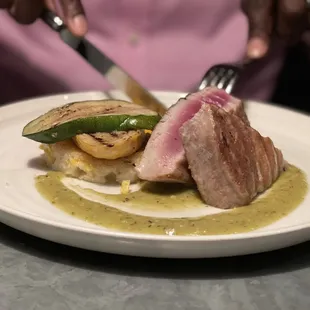 Grilled Tuna, Roasted Corn cake, Grilled Zucchini & tomatillo salsa verde