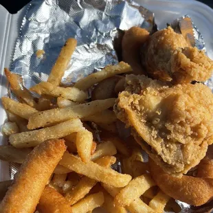 Fried chicken fried and hush puppies