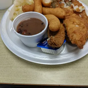 Fried fish, field peas