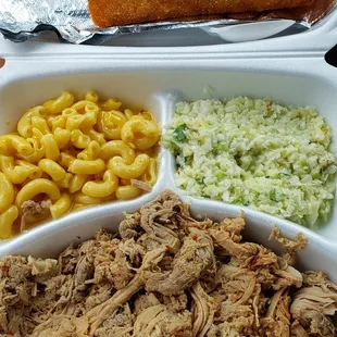 Chopped bbq, corn sticks, mac &apos;n cheese and slaw