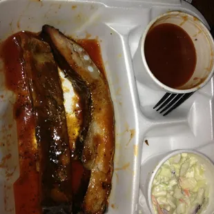 Lb of ribs with a side of slaw minus four ribs!