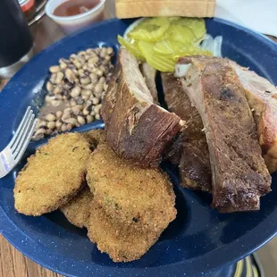 Black eyed peas, fried zucchini and ribs