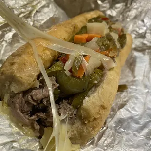 Italian Beef with provolone and mixed peppers