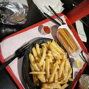 Single burger, Parmesan cheeze french fries, &amp; churros