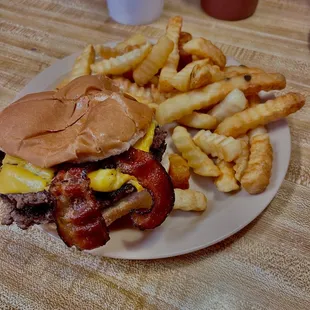 Double bacon cheeseburger with fries