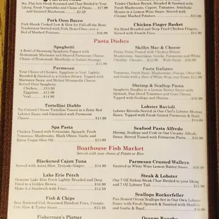 Old tome favorites, Pasta dishes, Boathouse Fish dinners .