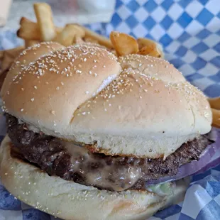 a hamburger and french fries