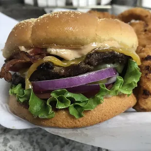 Bacon Burger and Onion Rings