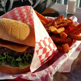 BBQ burger w/sweet potato fries.