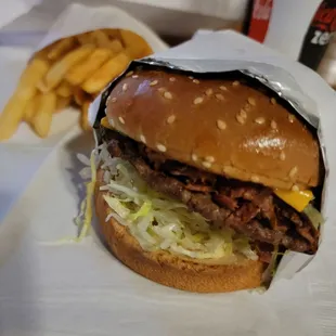 a hamburger and french fries