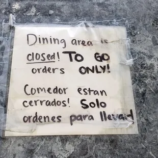 Indoor dining area is closed!
