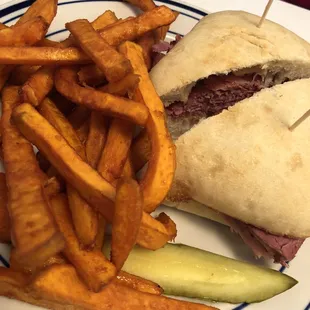 Hot corned beef on ciabatta! $8.49 +$1.99 for sweet potato fries!