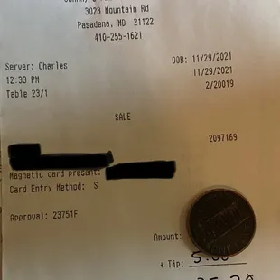 A penny face down= not satisfied with the service. Felt like burden asking for things and our waiter would begin walking away mid ask.